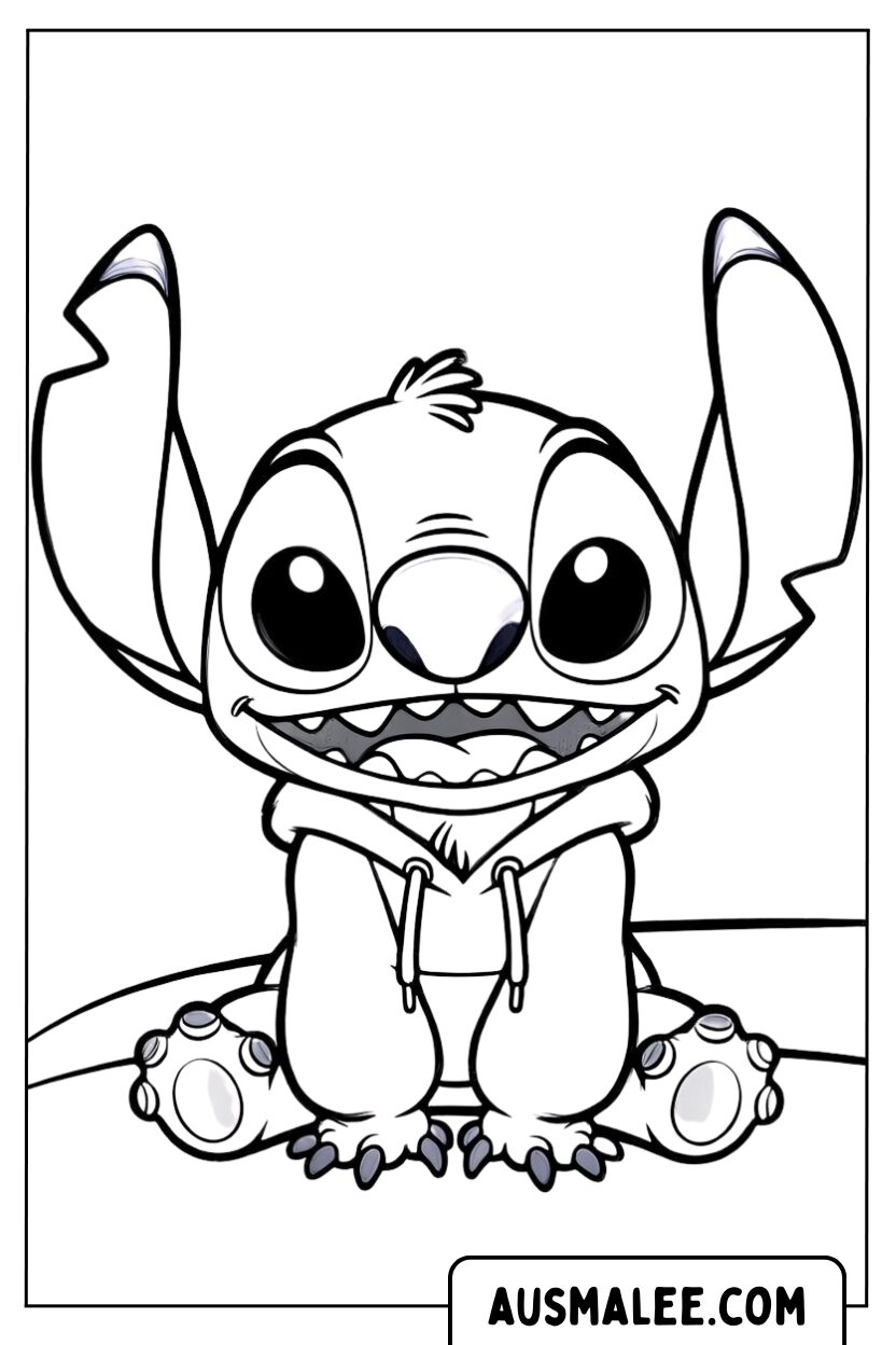 Kleurplaat Baby Stitch in een hoodie