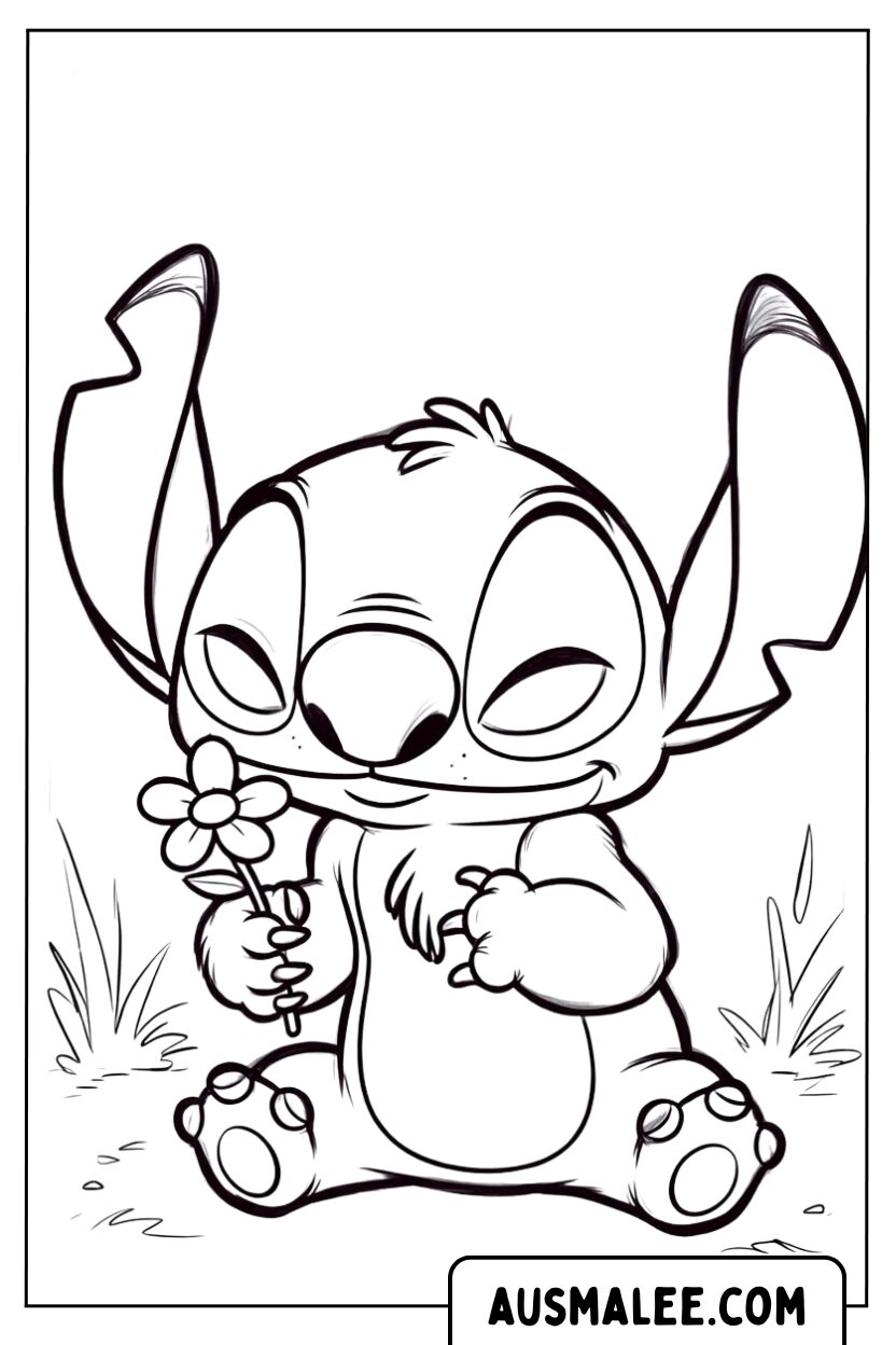 Kleurplaat Baby Stitch met bloem