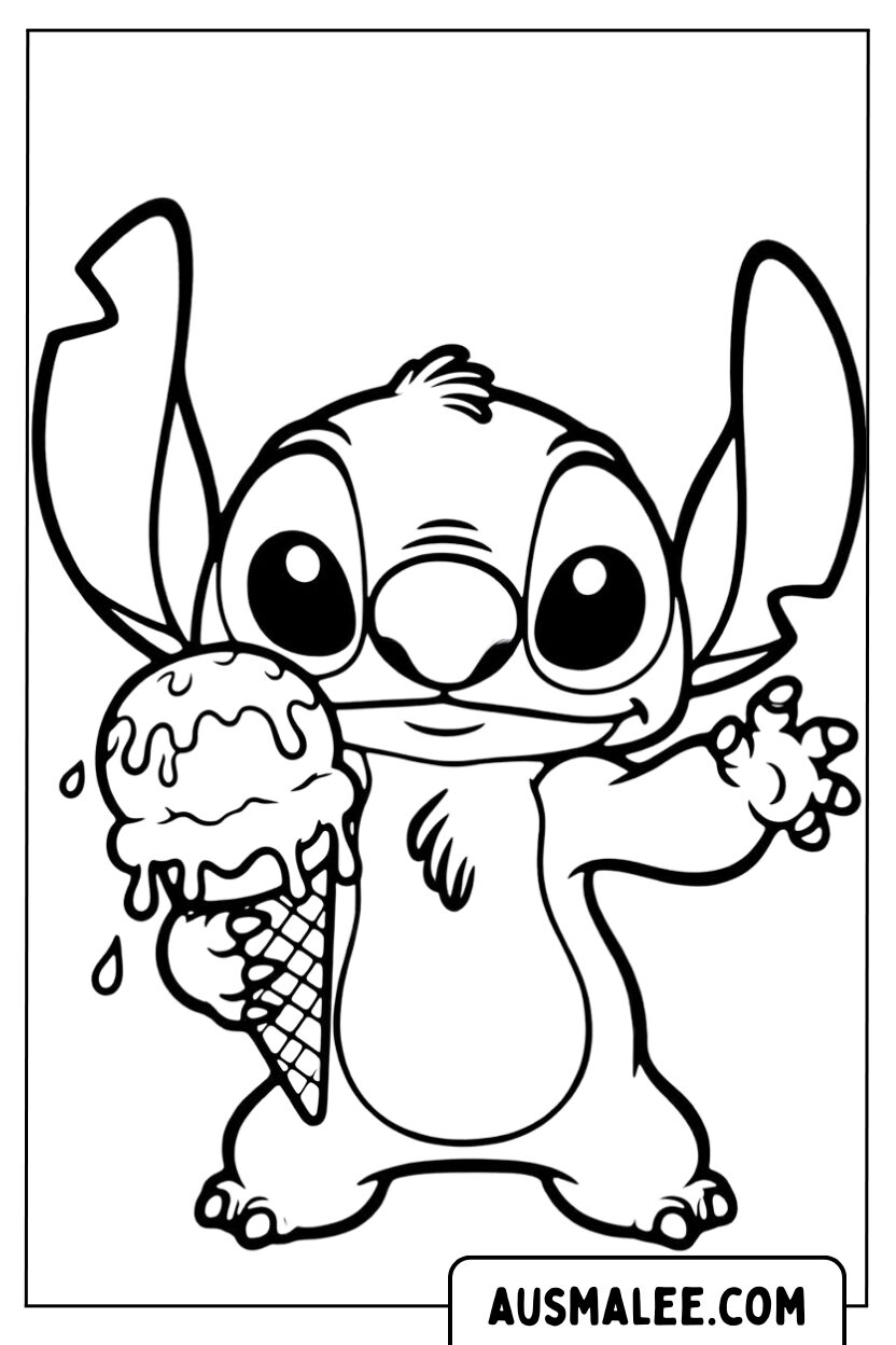 Kleurplaat Baby Stitch met ijs