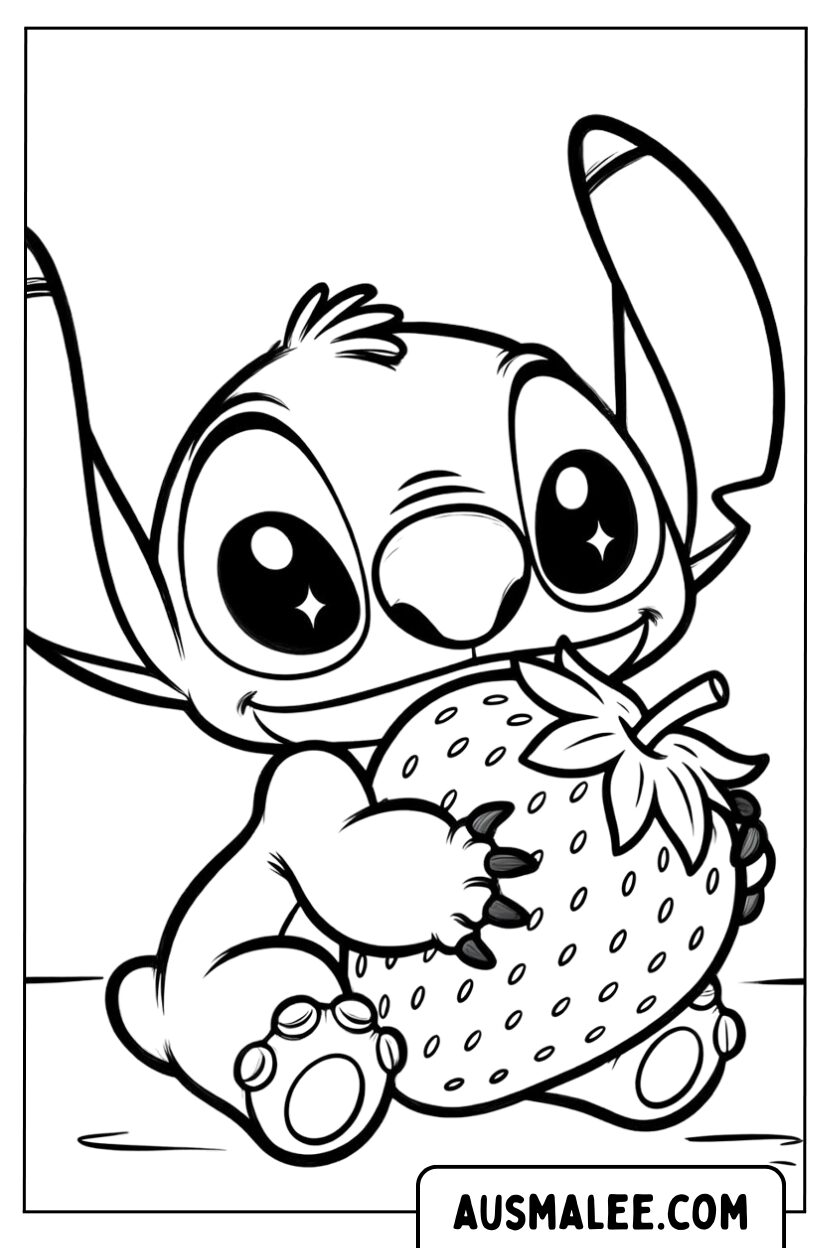 Kleurplaat Baby Stitch met aardbei