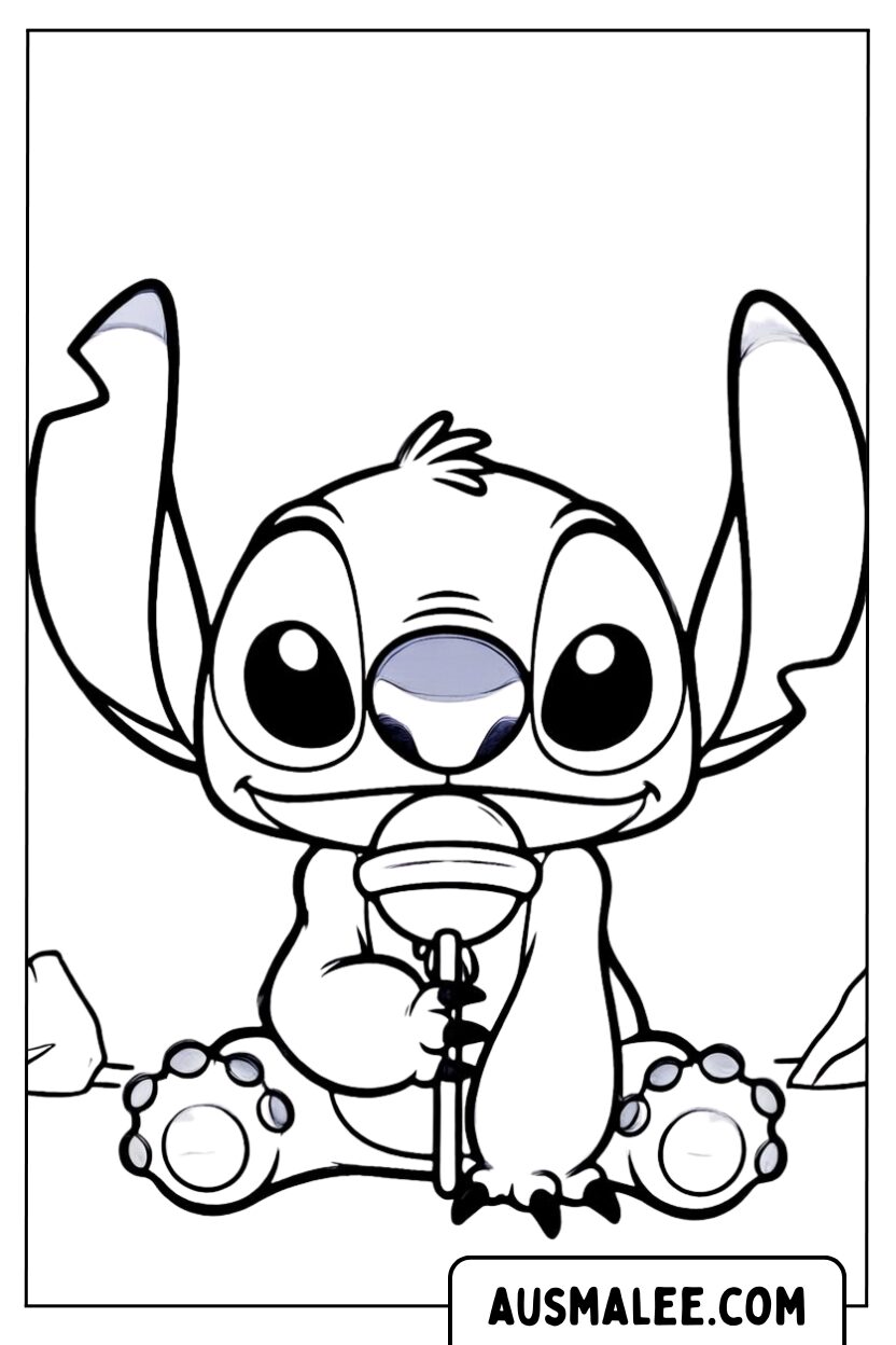 Kleurplaat Baby Stitch met lolly