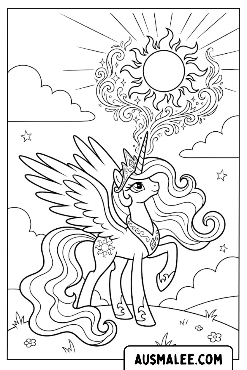 Kleurplaat Eenhoorn Pegasus en Zon