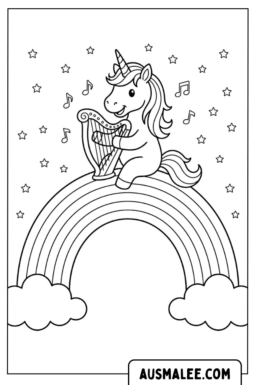 Kleurplaten Eenhoorn Regenboog Harp
