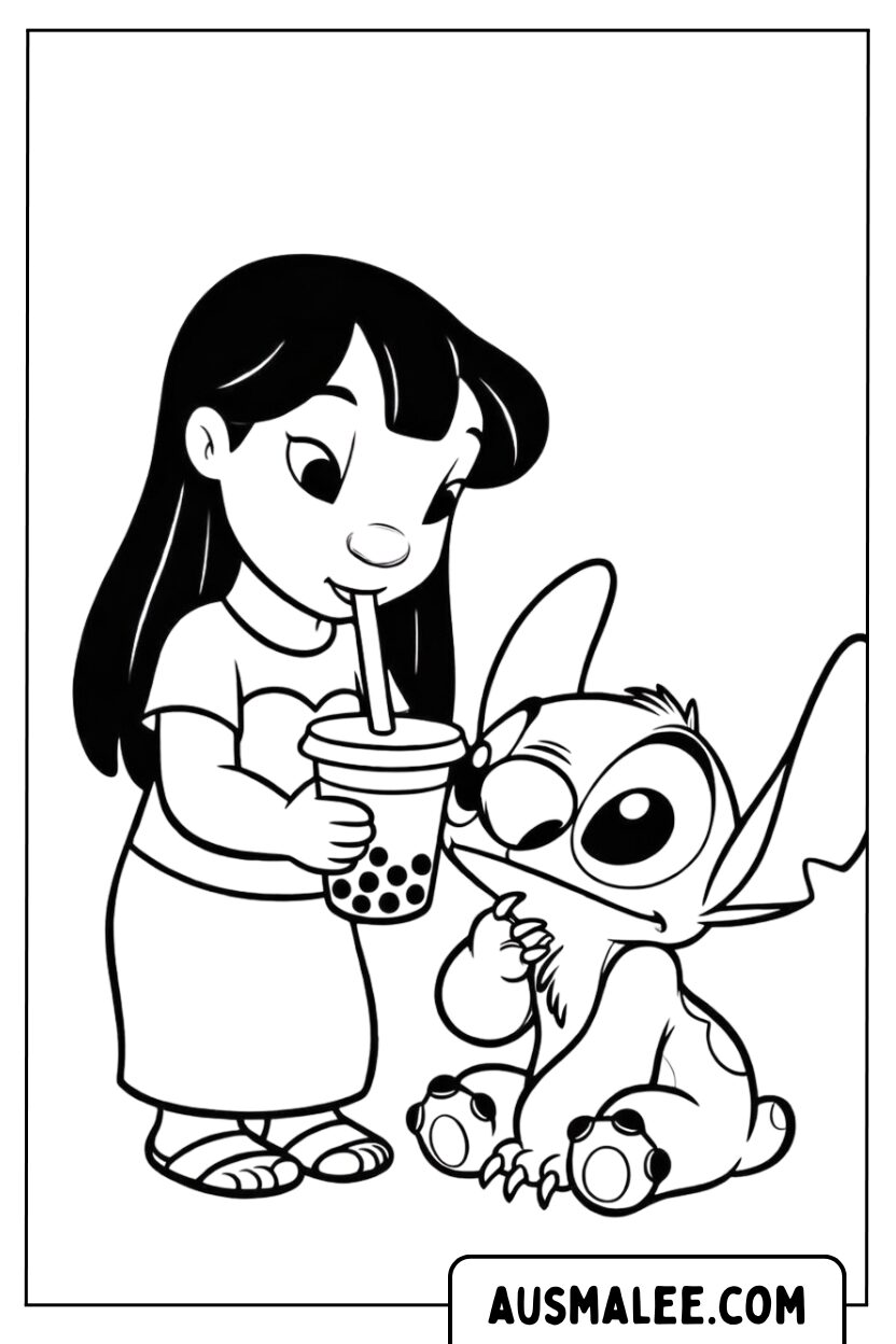 Kleurplaat Lilo Drinkt Stitch Kijkt Toe