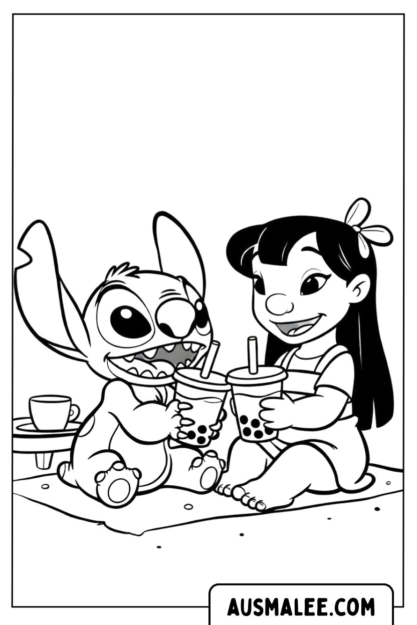 Kleurplaat Lilo en Stitch Picknick Bubbelthee