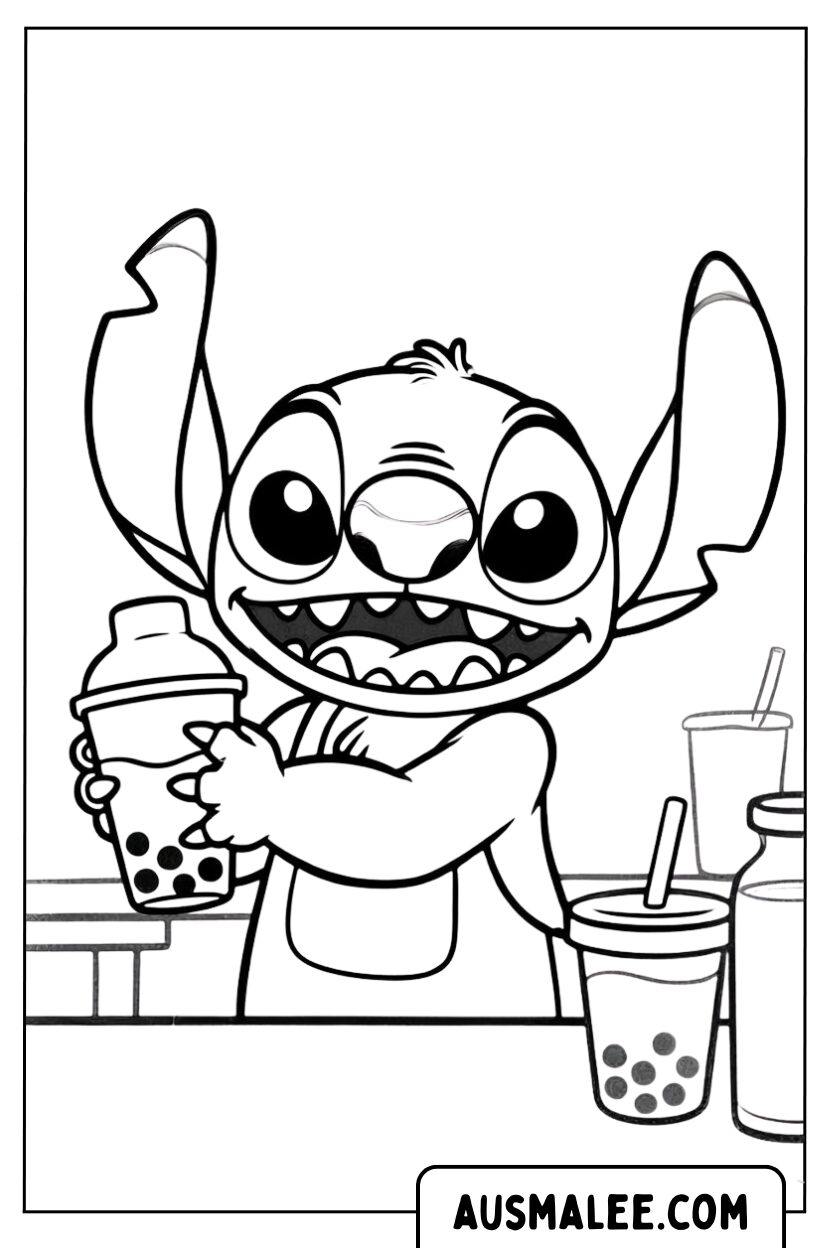 Kleurplaat Stitch Barista Bubbelthee