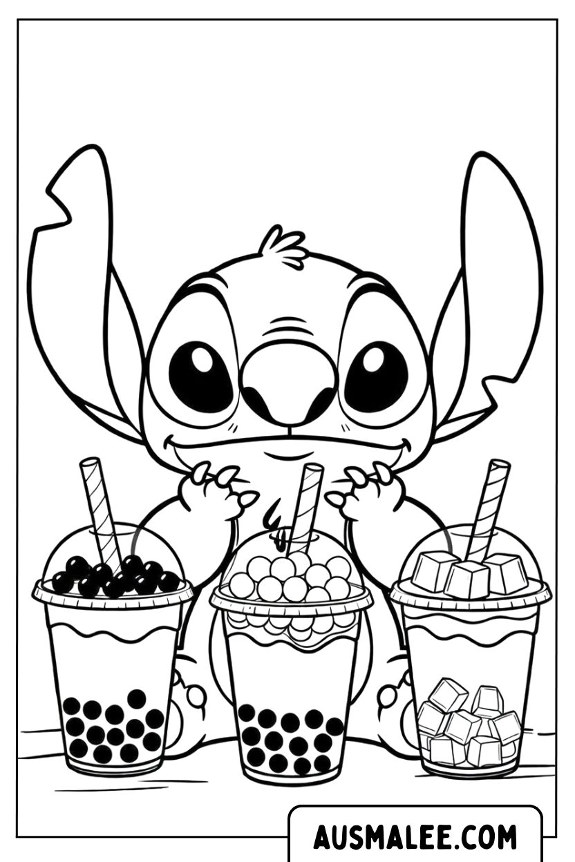 Kleurplaat Stitch Drie Bubbelthee