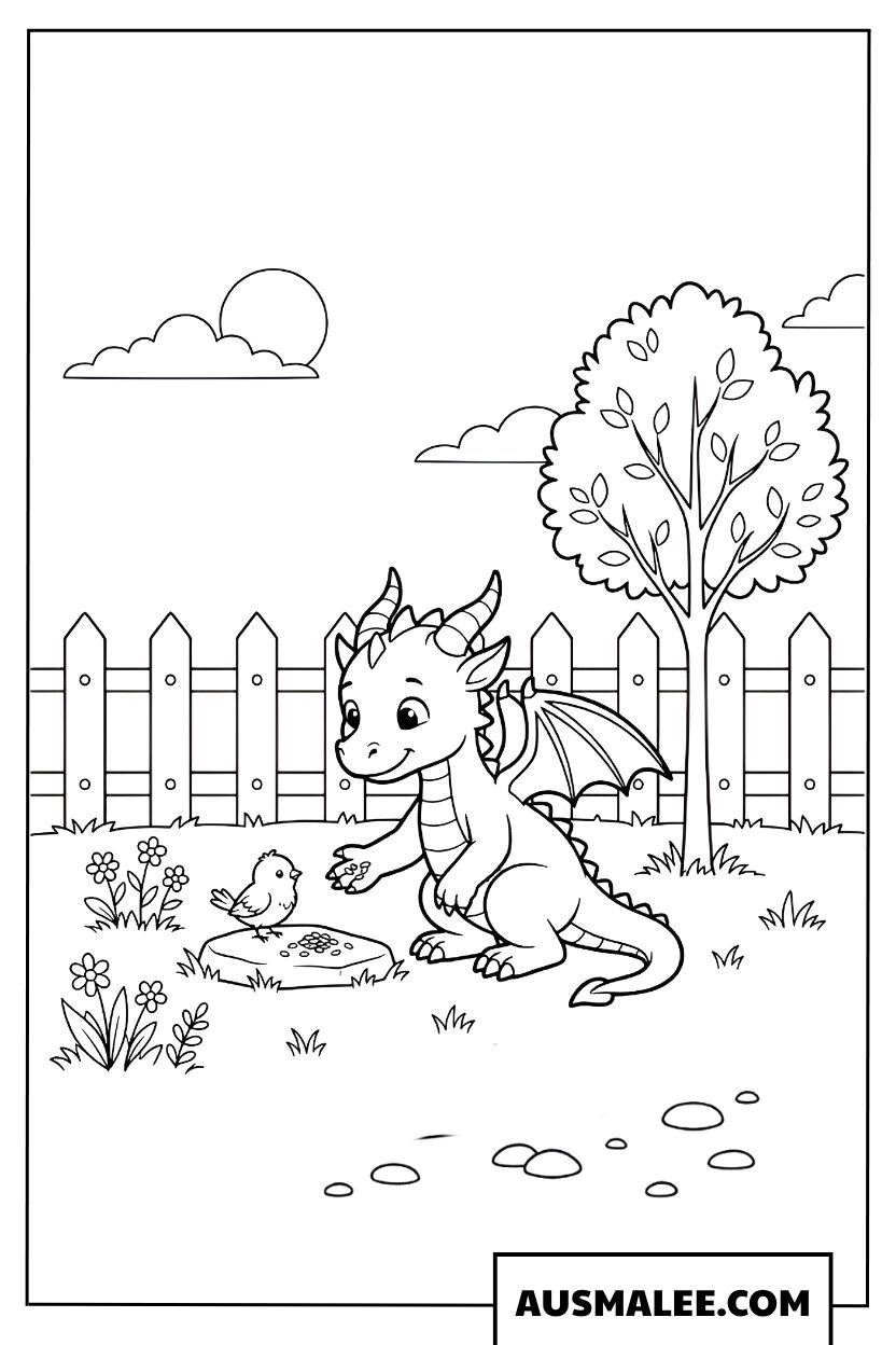 Bébé dragon dans le jardin coloriage