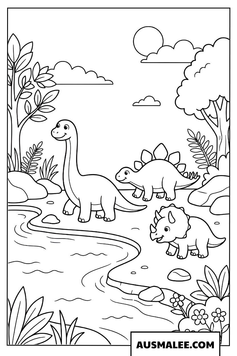 Famille de dinosaures près de la rivière coloriage