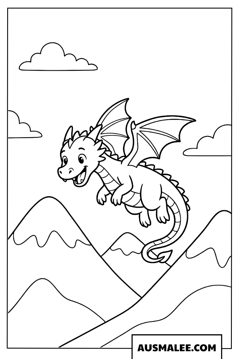 Dragon volant au-dessus des montagnes coloriage