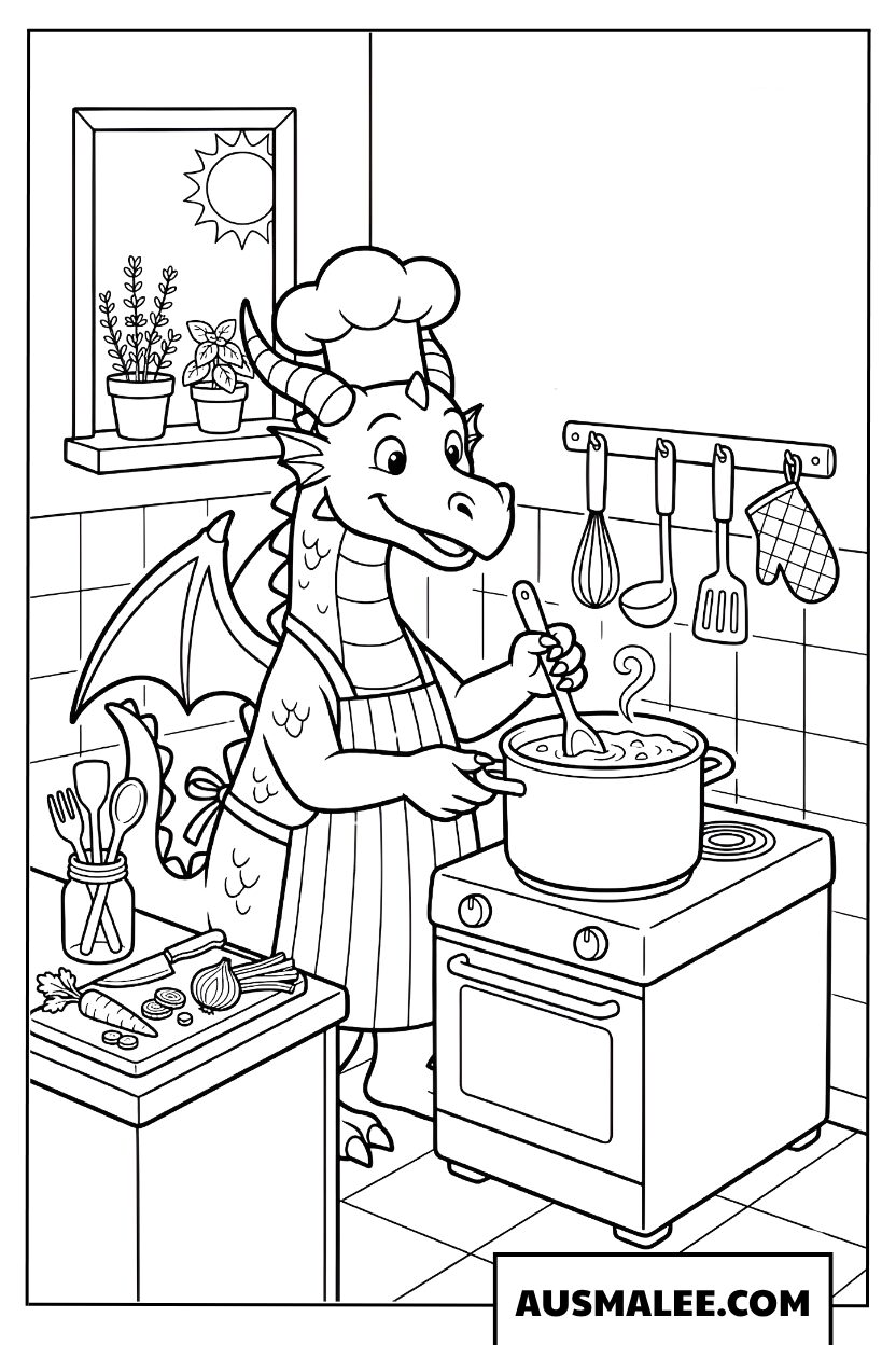 Dragon cuisinant dans la cuisine coloriage