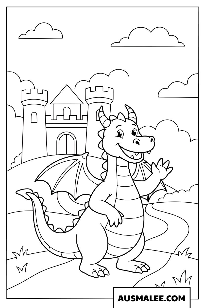 Dragon devant un château coloriage