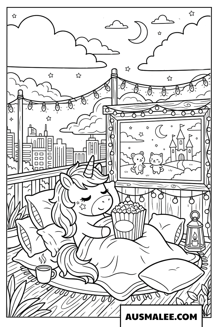 Coloriage licorne cinéma maison sur le balcon