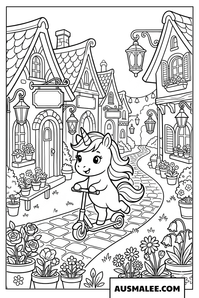 Coloriage licorne fait de la trottinette dans la vieille ville