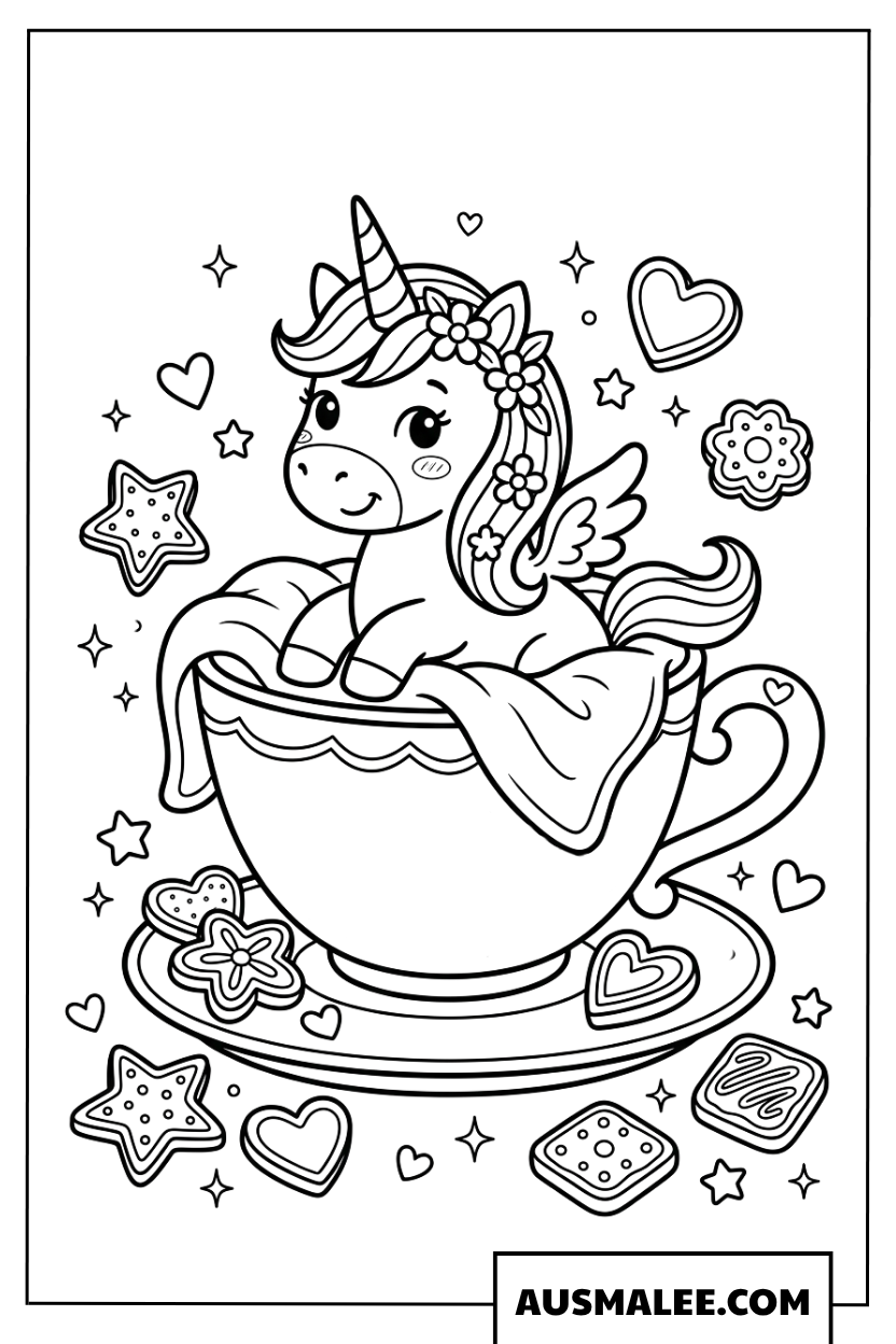 Coloriage licorne trong một tasse à thé