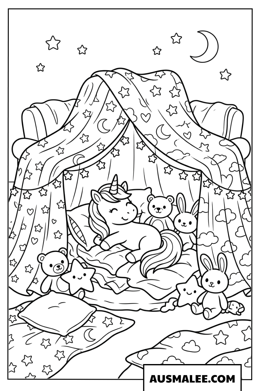 Coloriage licorne endormie sous một cabane de couvertures