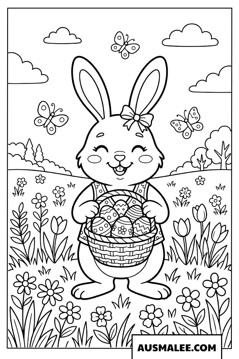 Lapin de Pâques joyeux dans un jardin fleuri coloriage