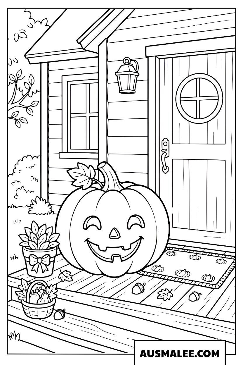 Citrouille Halloween devant la maison coloriage