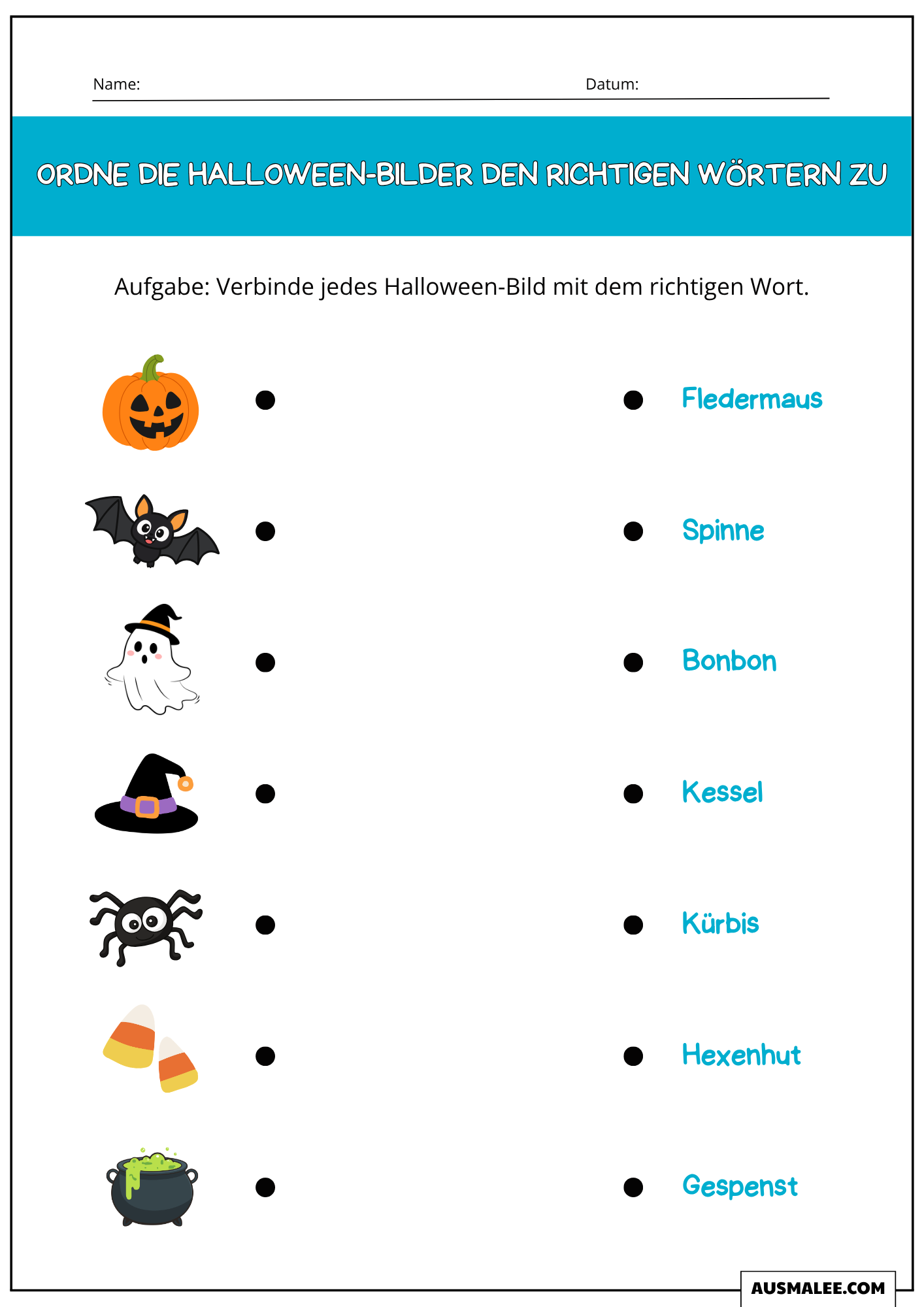 Halloween – Zuordnungsübung - Arbeitsblatt für Kinder