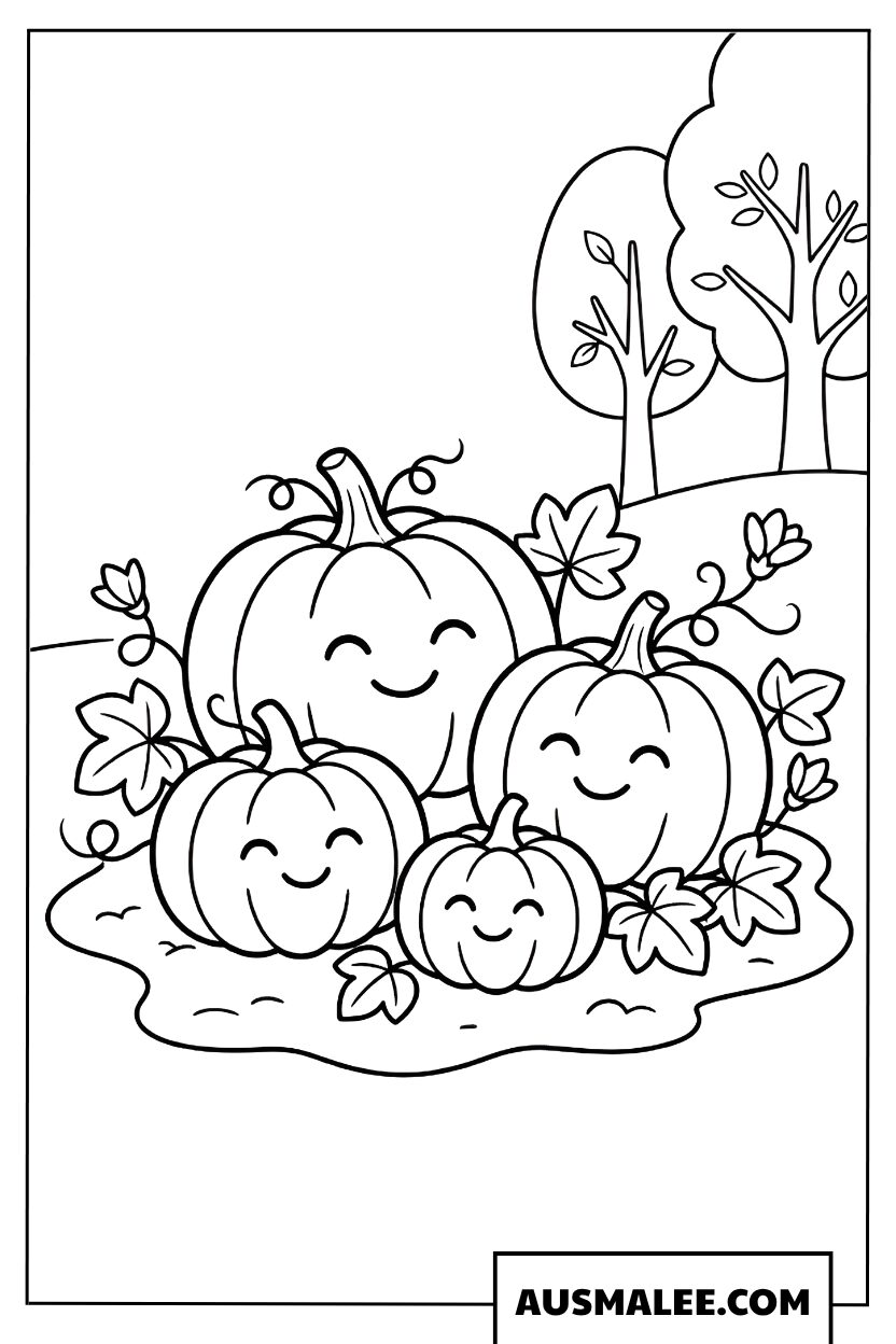 Coloriages d’automne avec des citrouilles souriantes