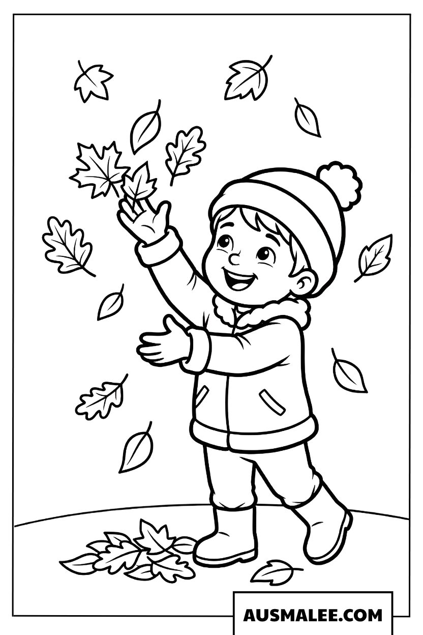 Coloriages d’automne avec un garçon sous une pluie de feuilles