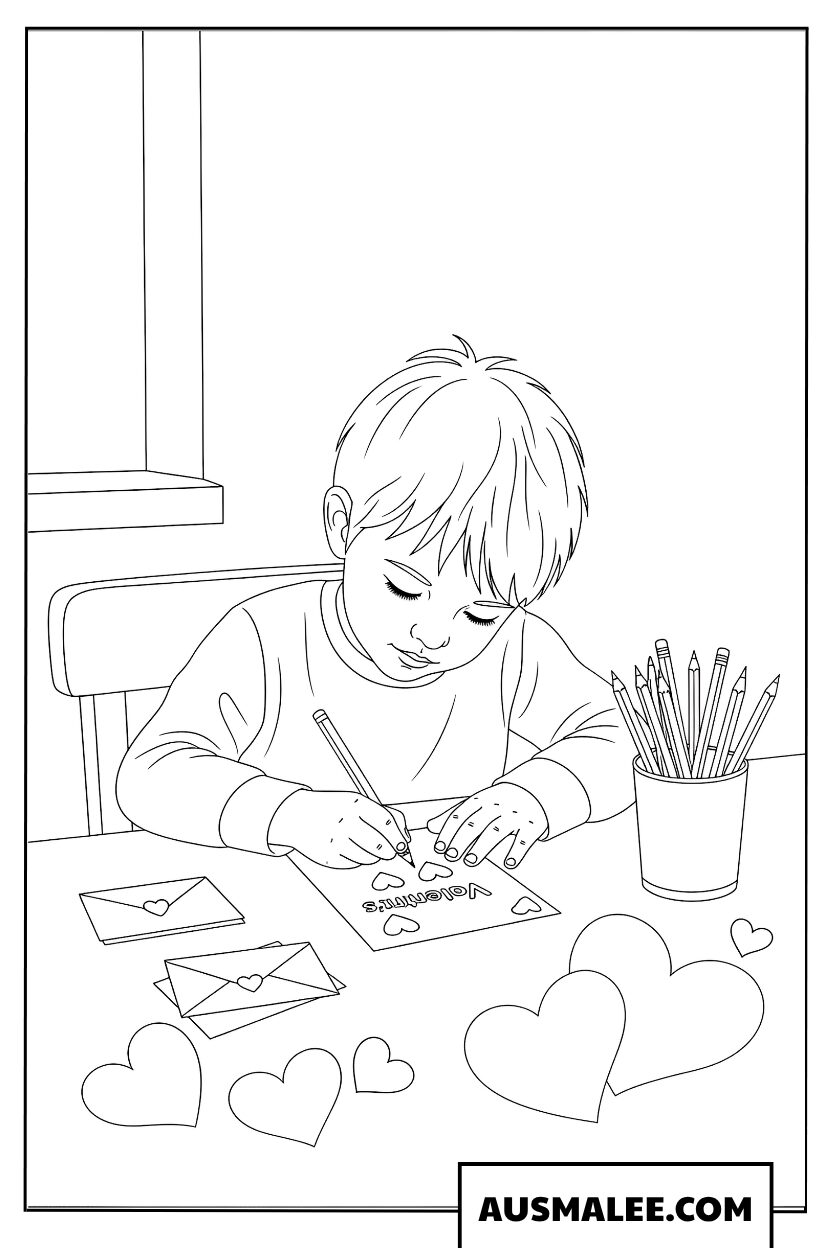 Garçon dessinant des cœurs Saint-Valentin coloriage