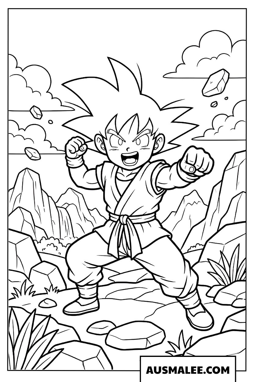 Kid Goku gevecht scène kleurplaat