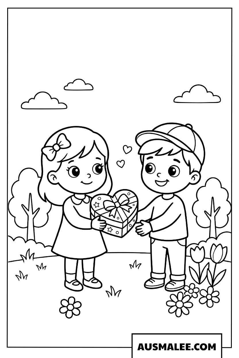 Enfants offrant un cœur Saint-Valentin coloriage