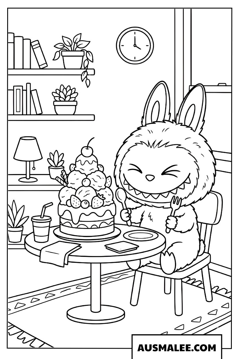 Labubu Geburtstag mit Torte Ausmalbild