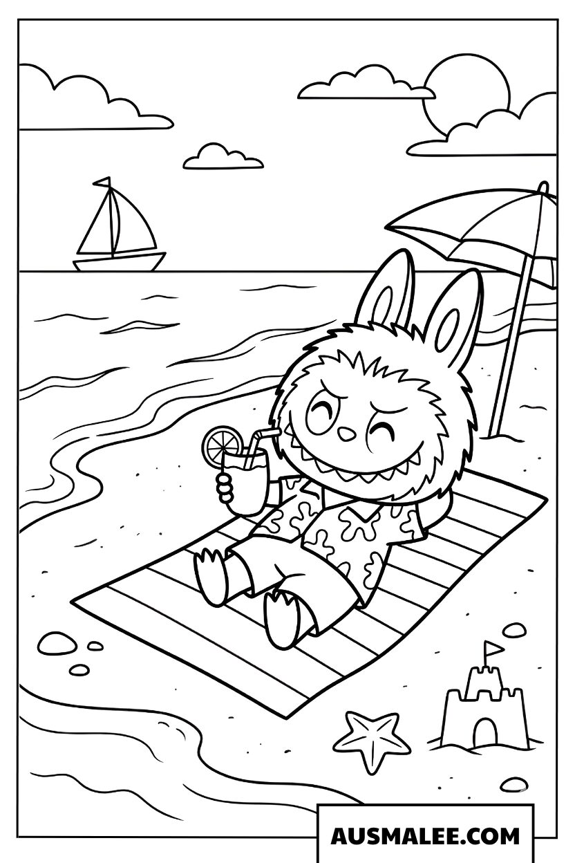 Labubu am Strand entspannen Ausmalbild