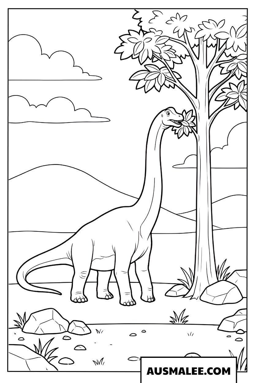 Dinosaure à long cou près d’un arbre coloriage