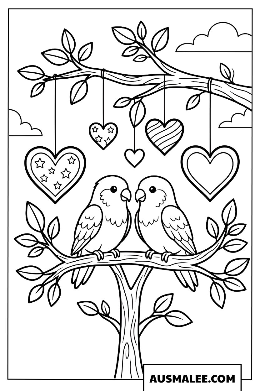 Oiseaux amoureux avec cœurs coloriage