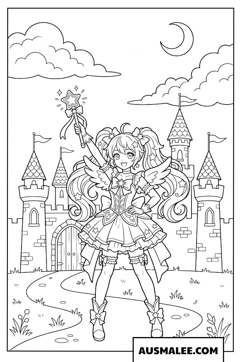 Fille anime magique devant un château coloriage