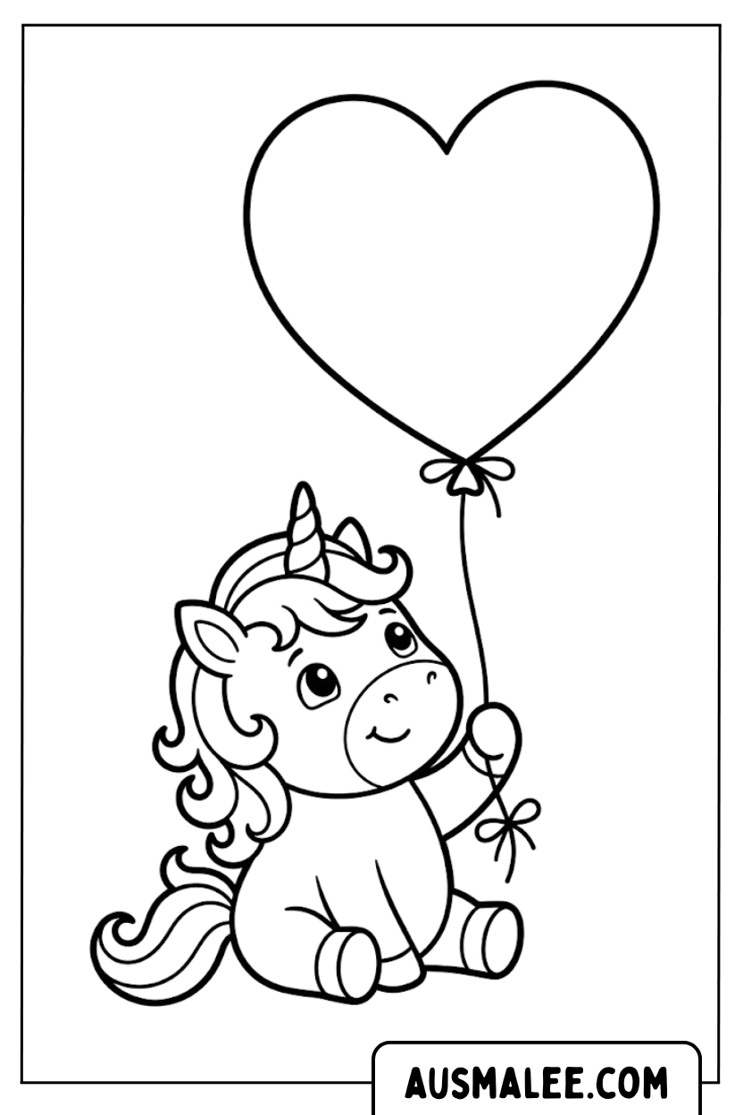 Coloriages de bébé licorne avec un ballon en forme de cœur
