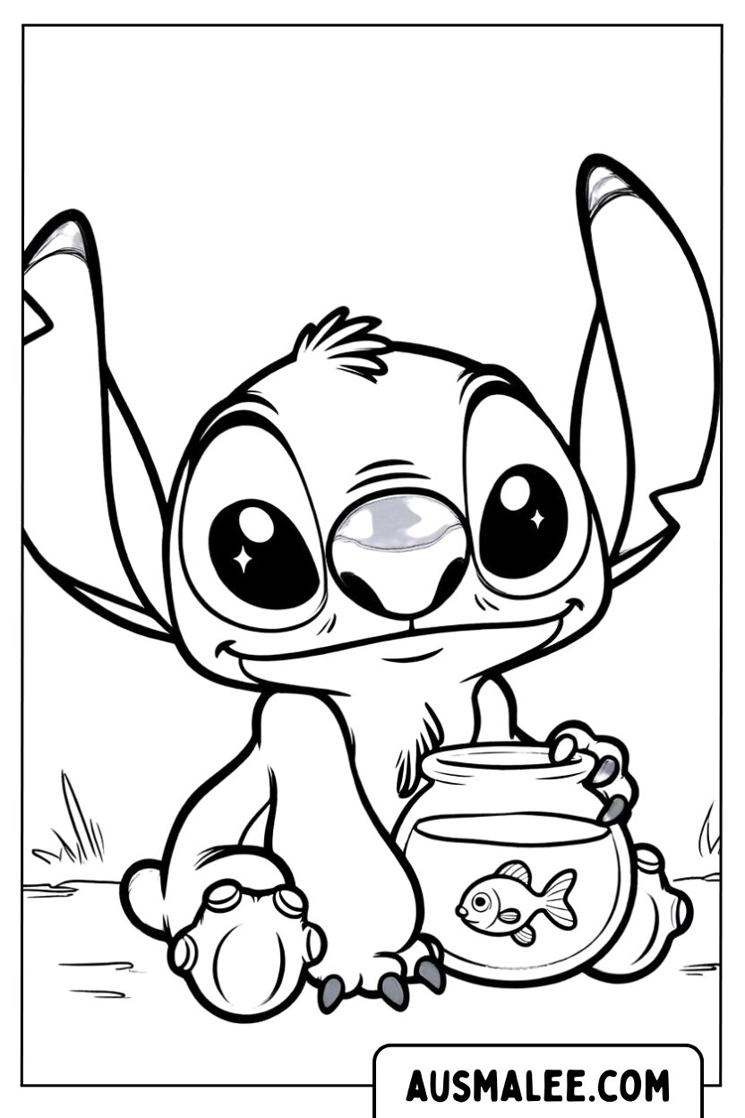 Kleurplaat Baby Stitch met goudvis