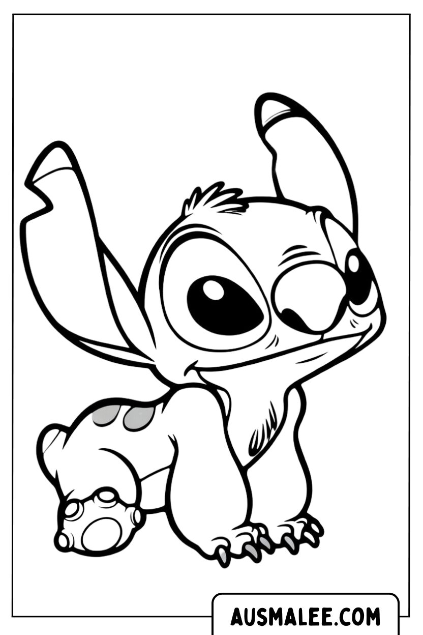 Kleurplaat Baby Stitch zit nieuwsgierig