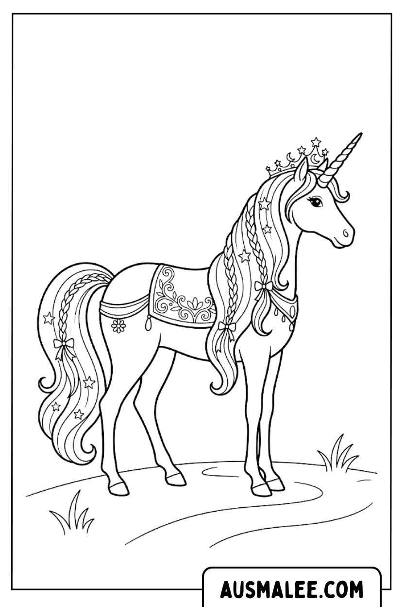 Coloriage Licorne Elégante avec Tresses