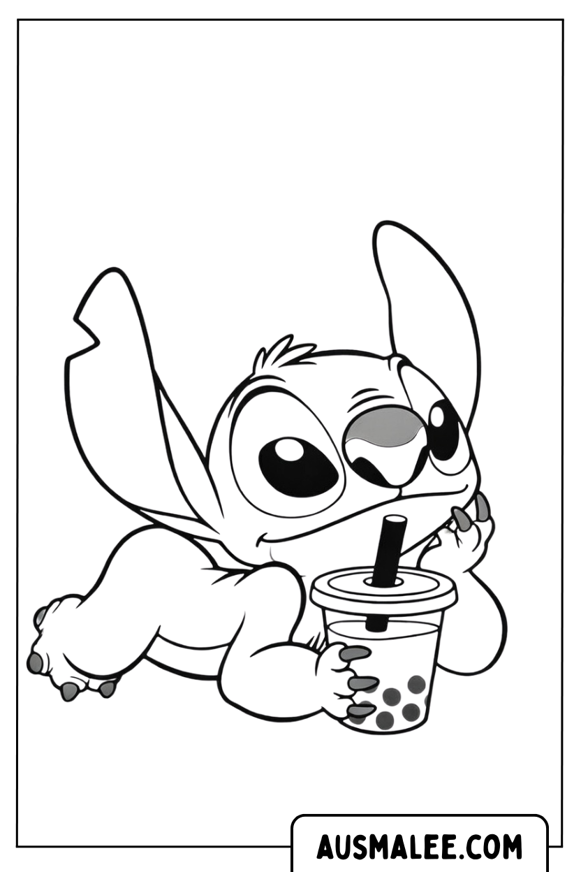 Kleurplaat Stitch Liggend Bubbelthee