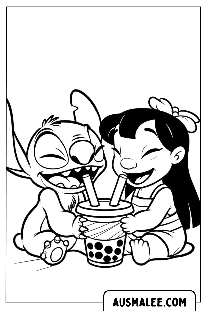 Kleurplaat Stitch Lilo Lachen Bubbelthee