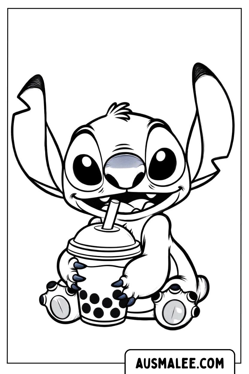 Kleurplaat Stitch Zittend Bubbelthee