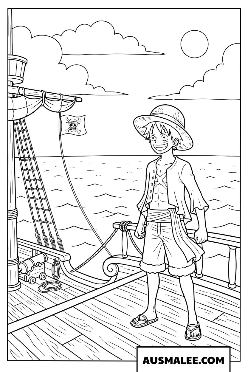 Monkey D. Luffy met strohoed op schip kleurplaat