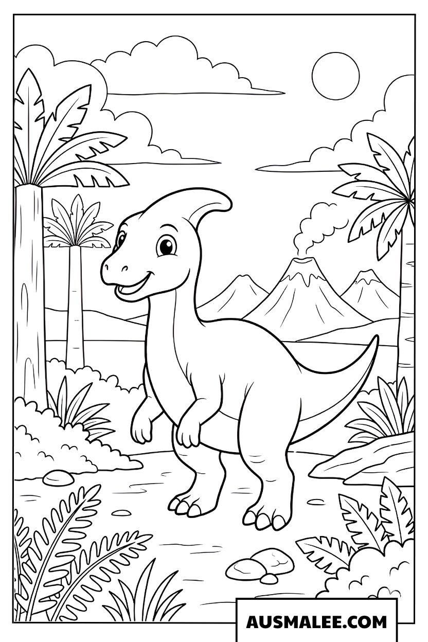 Dinosaure mignon dans la forêt coloriage