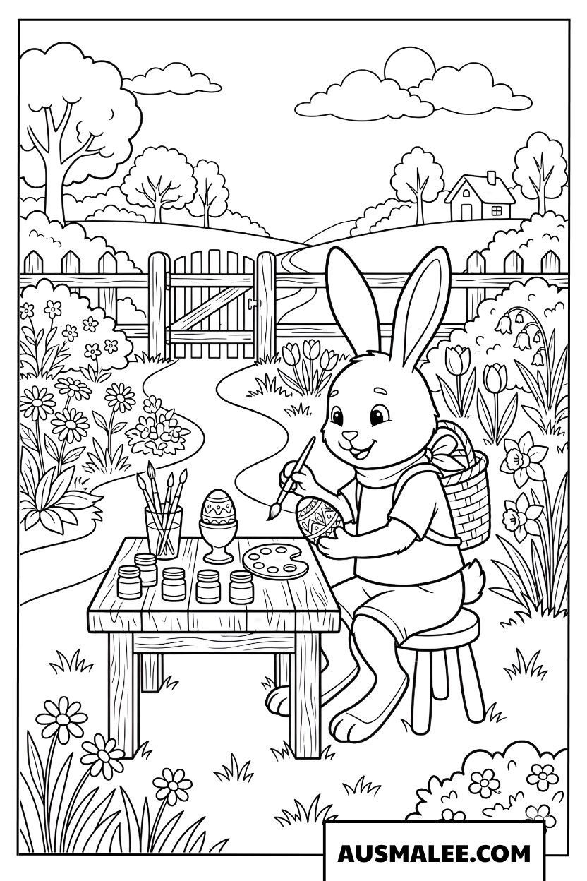Lapin de Pâques buvant du thé dans le jardin coloriage