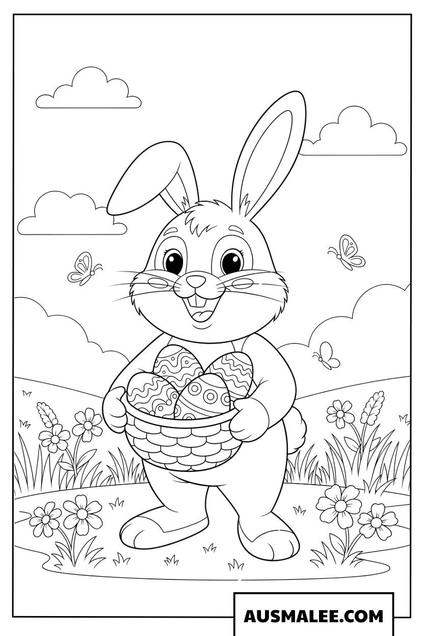 Lapin de Pâques avec panier d'œufs coloriage