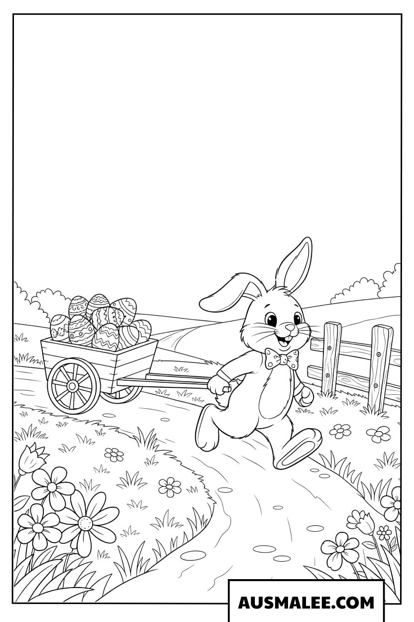 Lapin de Pâques tirant un chariot d'œufs coloriage