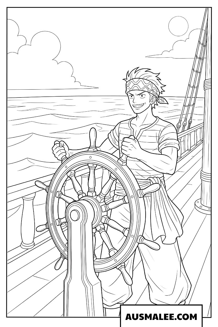 Roronoa Zoro bestuurt schip kleurplaat