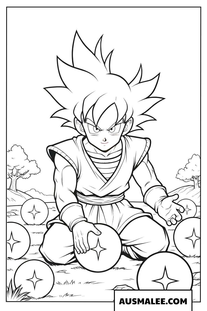 Son Goku met 7 Dragon Balls kleurplaat