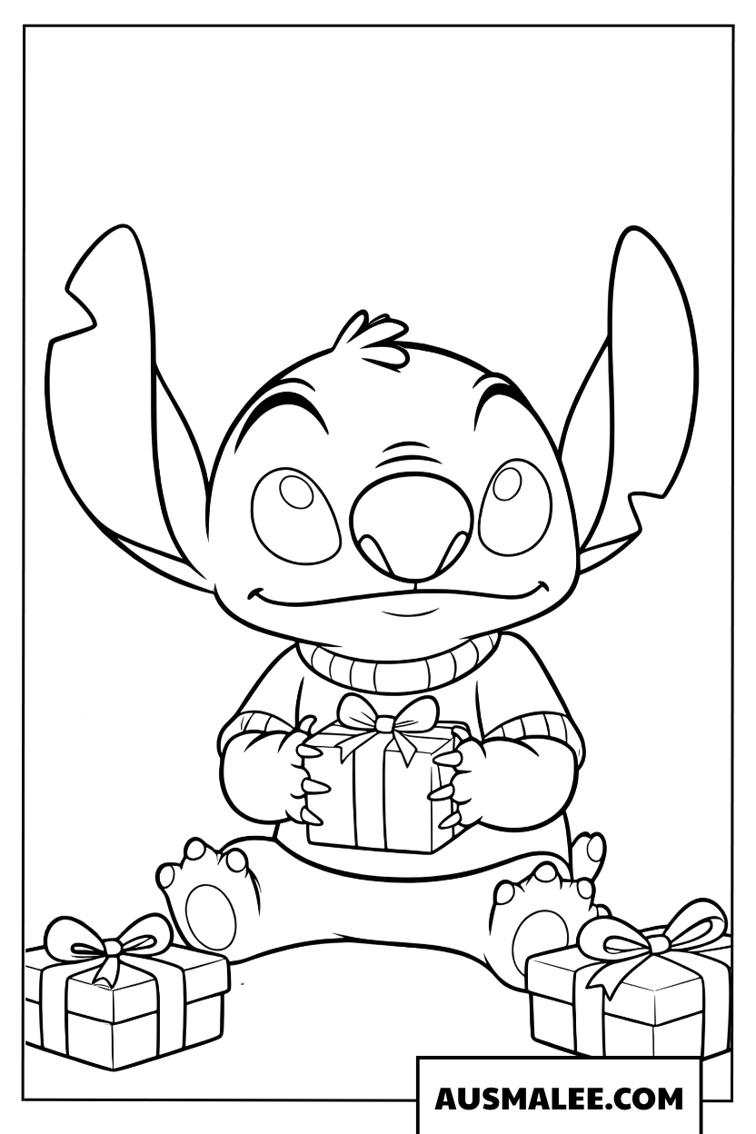 Stitch kerst kleurplaten met een cadeau