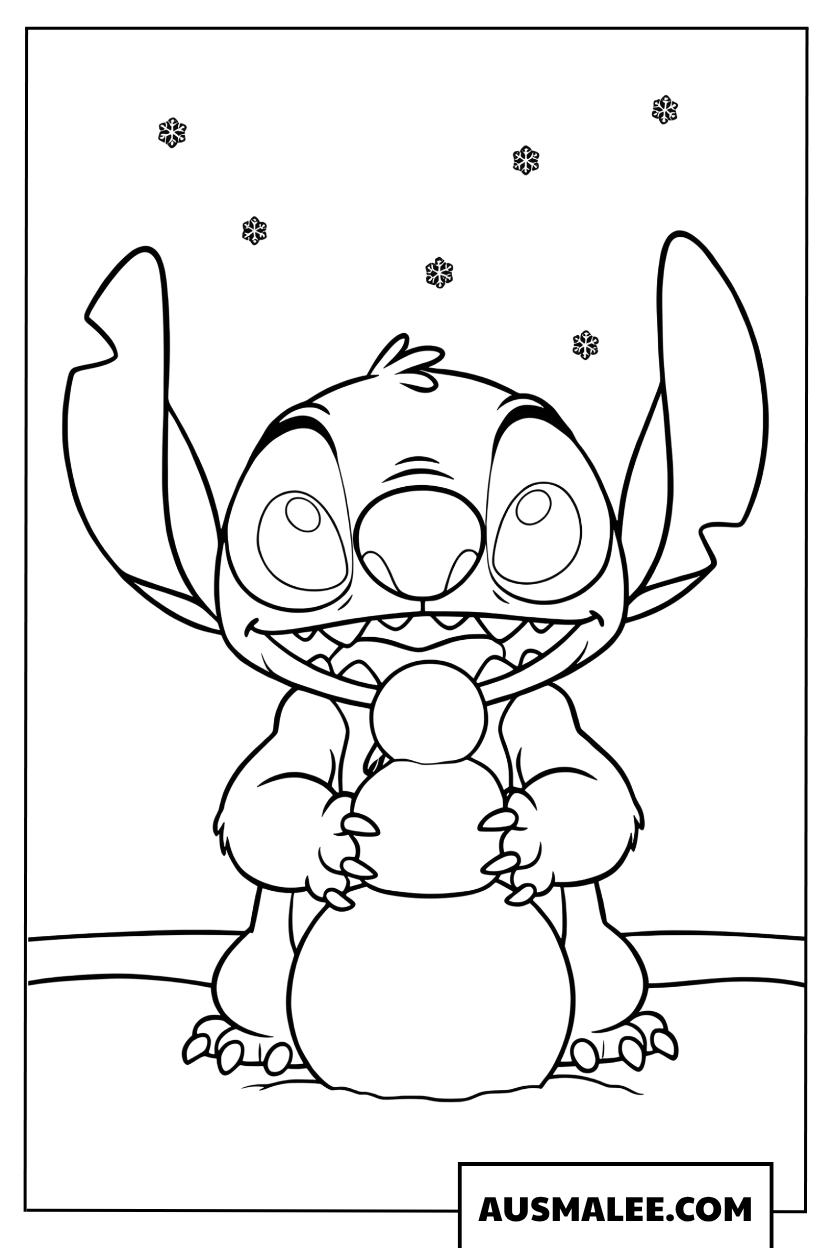 Stitch kerst kleurplaten met een sneeuwman