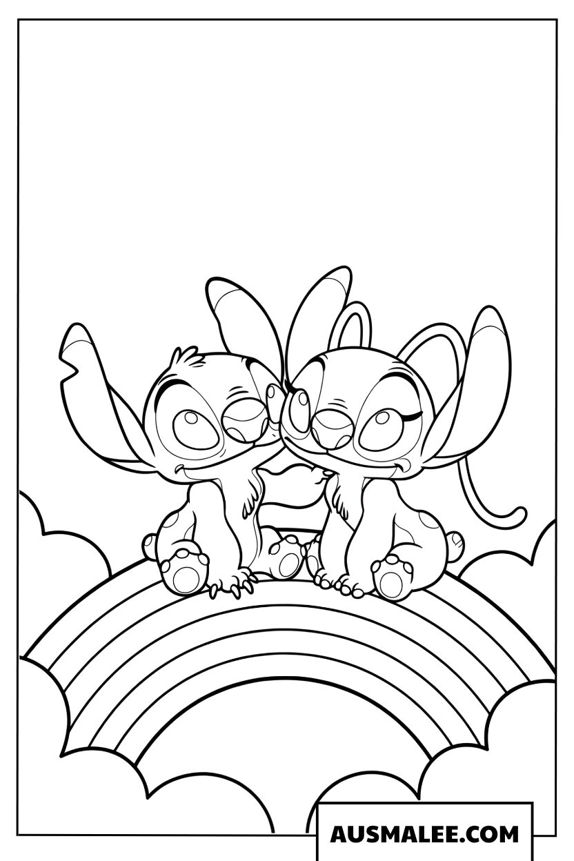 Stitch en Engel kleurplaten op een regenboog